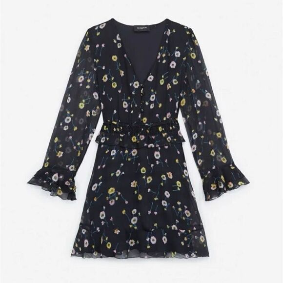 The Kooples Floral Print Smock Waist Ruffled Crepe Mini Dress Size 1 EU/2 US - Picture 1 of 6